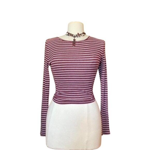 Hollister Co. Tops - Hollister Vintage Y2K Women Striped Ribbed Long Sleeve Crop Top Burgundy White M